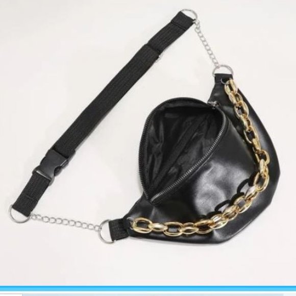 Belt Bag FANNY PACK Crossbody Gold Chain SLEEK CHIC Black Bum Bag Contemporary - Picture 4 of 6